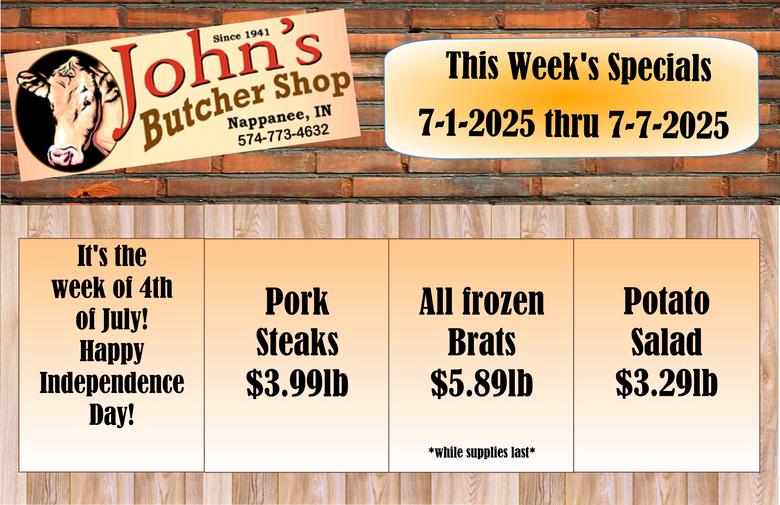 John's Butcher Shop Nappanee Weekly Special Ad 4-8-25